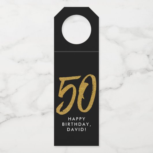 50ste verjaardag jubileum zwart goud feestgunst flessenhanger (Voorkant)