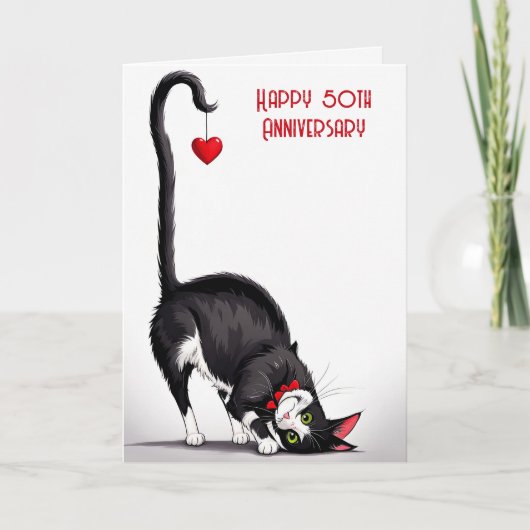 50ste verjaardag Kat Met Rode Hart Kaart (Voorkant)