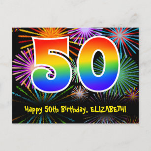50ste verjaardag - Leuk vuurwerkpatroon + Regenboo Briefkaart