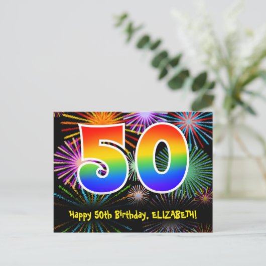 50ste verjaardag - Leuk vuurwerkpatroon + Regenboo Briefkaart (Staand voorkant)