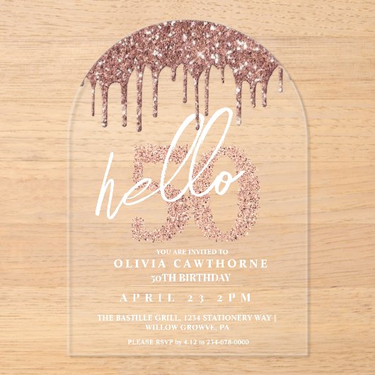 50ste verjaardag Lux Roos Roze Acryl Acryl Uitnodigingen (Voorkant)