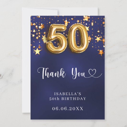 50ste verjaardag Marine Blauw Goud Sterren Bedankkaart (Voorkant)