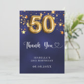 50ste verjaardag Marine Blauw Goud Sterren Bedankkaart (Staand voorkant)