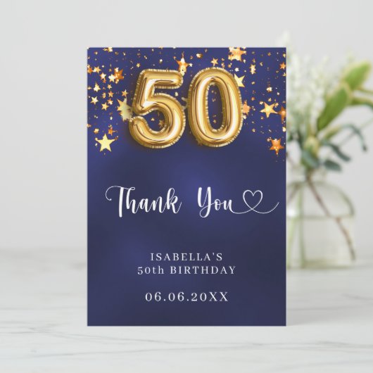 50ste verjaardag Marine Blauw Goud Sterren Bedankkaart (Staand voorkant)