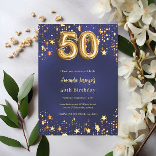 50ste verjaardag Marine Blauw Goud Sterren Kaart