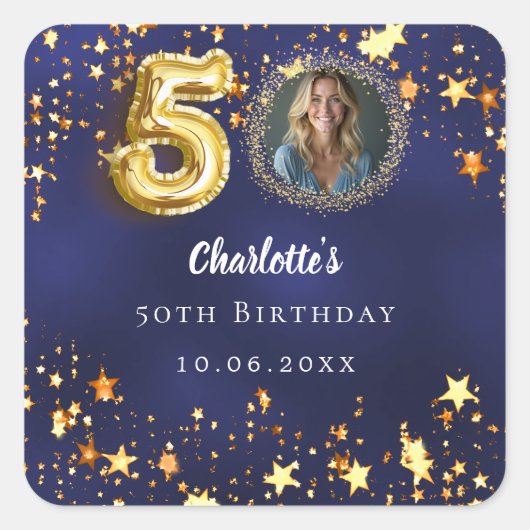 50ste verjaardag marineblauw gouden sterren foto vierkante sticker (Voorkant)