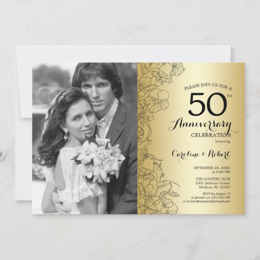 50ste verjaardag met foto - Gouden bloem Kaart (Voorkant)