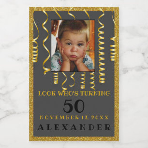 50ste verjaardag met foto gouden glitter look voedselcontainer etiket