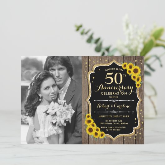 50ste verjaardag met foto - Landelijke zonnebloeme Kaart (Staand voorkant)