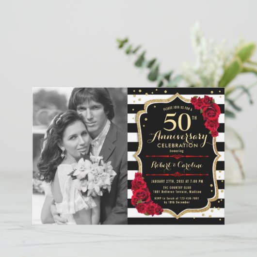 50ste verjaardag met foto - Rood Goud Zwart Kaart (Staand voorkant)