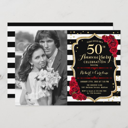 50ste verjaardag met foto - Rood Goud Zwart Kaart (Voorkant / Achterkant)