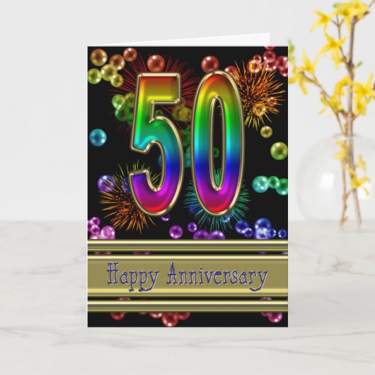 50ste verjaardag met vuurwerk en bellen kaart (Gele Bloem)
