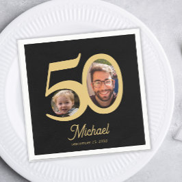 50ste verjaardag modern 2 foto zwart en goud servet