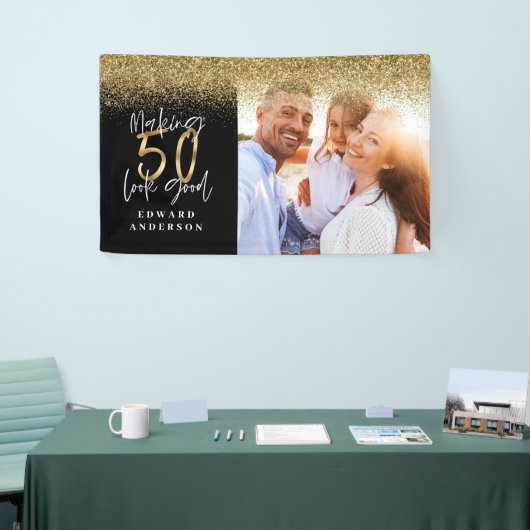 50ste verjaardag moderne foto van zwart en goud spandoek (Beurs)