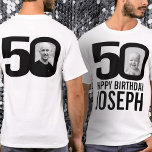 50ste verjaardag mono nu en dan foto naam t-shirt<br><div class="desc">50e verjaardag mono, 50 aangepaste foto's op voor en achter, en plus naam t-shirt. Leuke 50e gepersonaliseerde foto zwart-wit verjaardag t-shirt ontwerp. Personaliseer dit shirt met een foto van de jarige of het meisje in het midden van het nummer 0 op zowel de voorkant als de achterkant. Geweldig idee voor...</div>