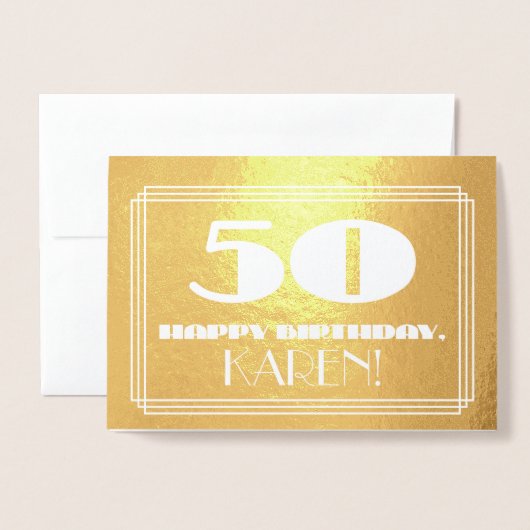 50ste verjaardag: naam + Art Deco geïnspireerd loo Folie Kaarten (Voorkant met envelop)