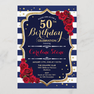 50ste verjaardag - Navy White Stripes en Red Roses Kaart