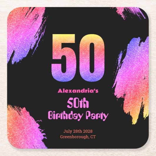 50ste verjaardag Neon Pink Glitter Party Kartonnen Onderzetters (Voorkant)