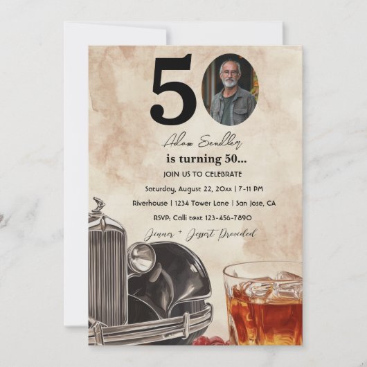 50ste verjaardag | Old Timer Car & Whiskey Kaart (Voorkant)