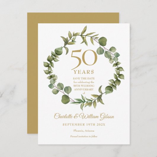 50ste verjaardag Opslaan Datum Woodland Greenery Aankondigingskaart (Voorkant / Achterkant)