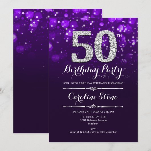 50ste verjaardag - Paarse zilver Kaart (Voorkant / Achterkant)