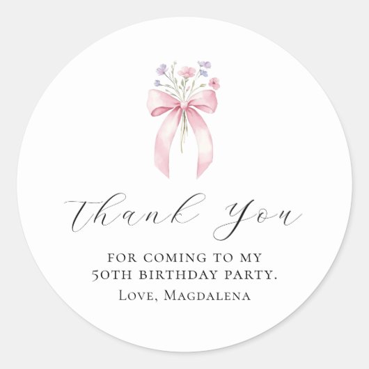 50ste Verjaardag Party Bow Custom Bedankt Favoriet Ronde Sticker (Voorkant)