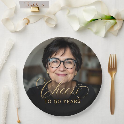 50ste verjaardag Party Foto Gold Script Cheers Papieren Bordje (Huwelijk)