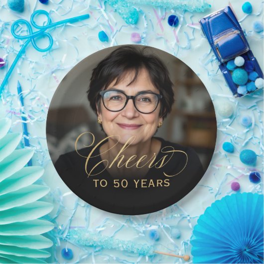 50ste verjaardag Party Foto Gold Script Cheers Papieren Bordje (Feest)