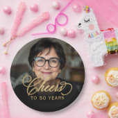 50ste verjaardag Party Foto Gold Script Cheers Papieren Bordje (Feest)