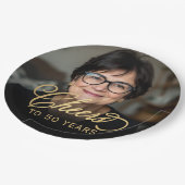 50ste verjaardag Party Foto Gold Script Cheers Papieren Bordje (Gekanteld)