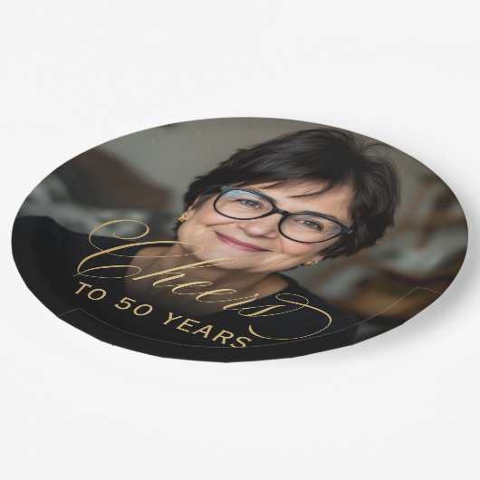 50ste verjaardag Party Foto Gold Script Cheers Papieren Bordje (Gekanteld)