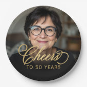 50ste verjaardag Party Foto Gold Script Cheers Papieren Bordje (Voorkant)