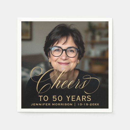 50ste verjaardag Party Foto Gold Script Cheers Servet (Voorkant)