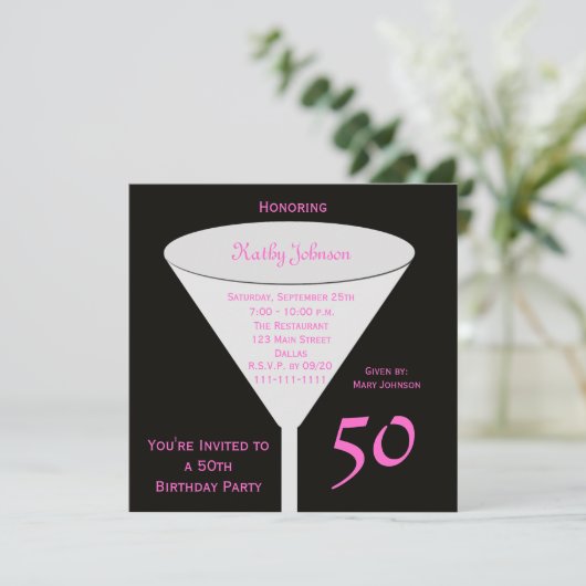 50ste verjaardag Party uitnodiging 50 in roze (Staand voorkant)