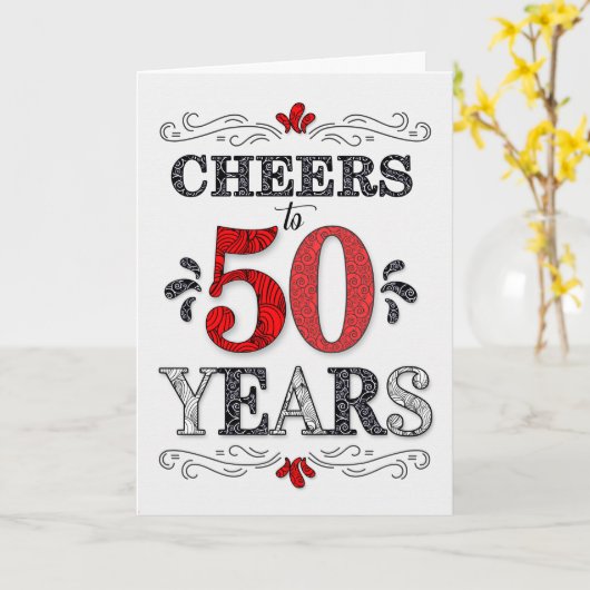 50ste verjaardag Proost in rood wit zwart patroon Kaart (Gele Bloem)
