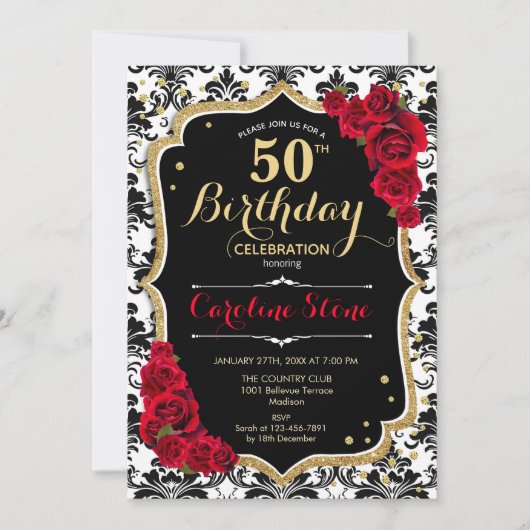 50ste verjaardag - Red Roses Gold Black Damask Kaart (Voorkant)