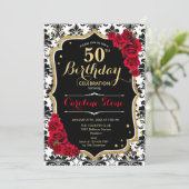 50ste verjaardag - Red Roses Gold Black Damask Kaart (Staand voorkant)