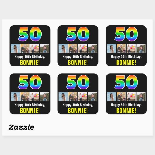 50ste verjaardag: Regenboog "50"; Aangepaste foto' Vierkante Sticker (Vel)