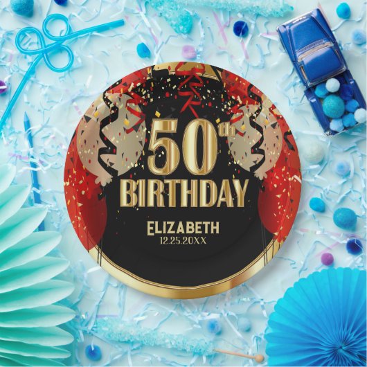 50ste verjaardag - Rode ballonnen 🎈 Papieren Bordje (Feest)