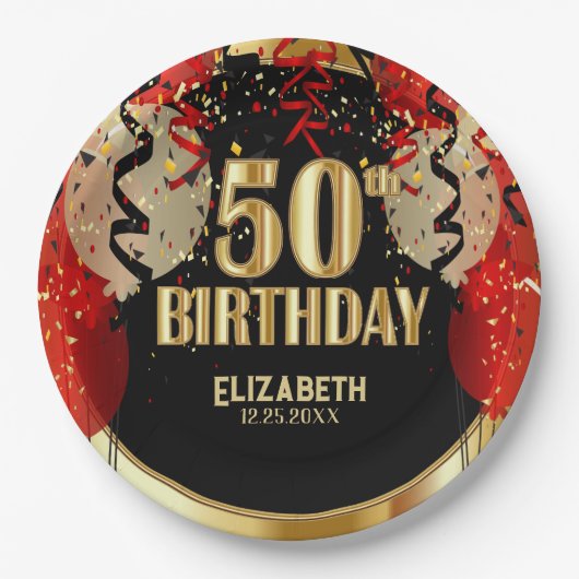 50ste verjaardag - Rode ballonnen 🎈 Papieren Bordje (Voorkant)