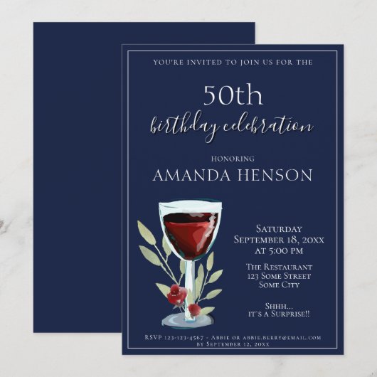 50ste verjaardag rode wijn marine blauw feest kaart (Voorkant / Achterkant)