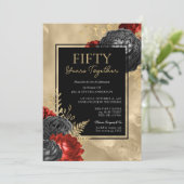 50ste verjaardag Rood Zwart Goud Bloemmotief Kaart (Staand voorkant)