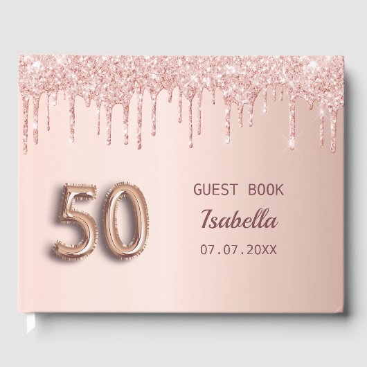 50ste verjaardag roos gouden roze druppels gastenboek (Voorkant)