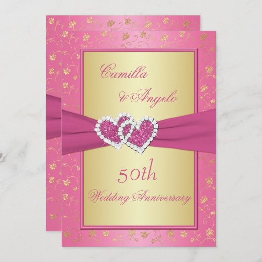 50ste verjaardag Roze en Gouden Verstrengelde Hart Kaart (Voorkant / Achterkant)