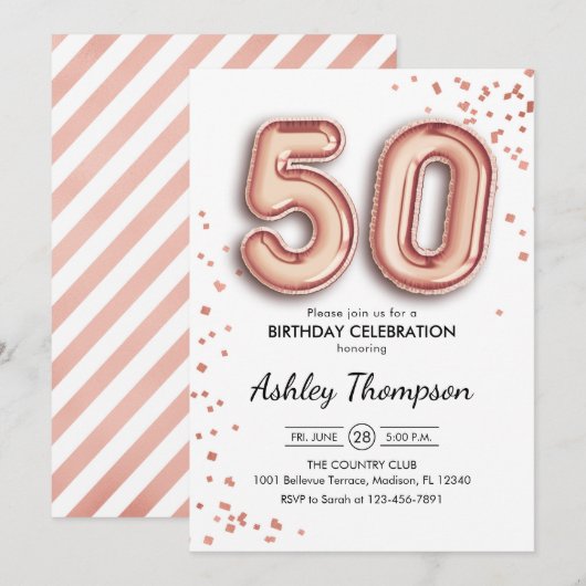 50ste verjaardag - Roze Gouden Ballonnen Kaart (Voorkant / Achterkant)