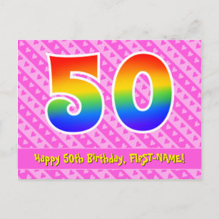 50ste verjaardag: roze strepen & harten, regenboog briefkaart