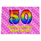 50ste verjaardag: roze strepen & harten, regenboog groot cadeauzakje (Voorkant)