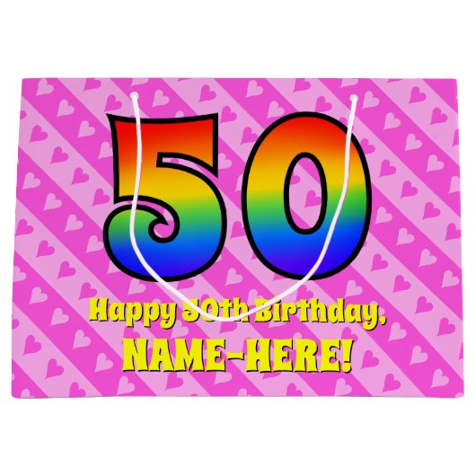 50ste verjaardag: roze strepen & harten, regenboog groot cadeauzakje (Voorkant)