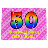 50ste verjaardag: roze strepen & harten, regenboog groot cadeauzakje (Achterkant)