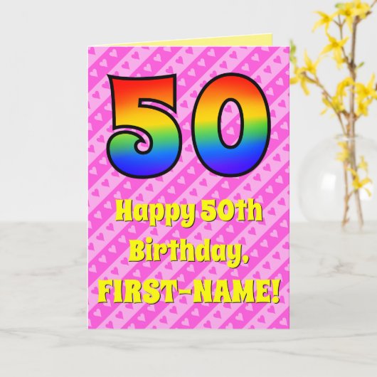 50ste verjaardag: roze strepen & harten, regenboog kaart (Gele Bloem)